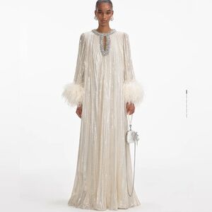 Self Portrait Gold Metallic Feather Maxi Dress Gown size 4